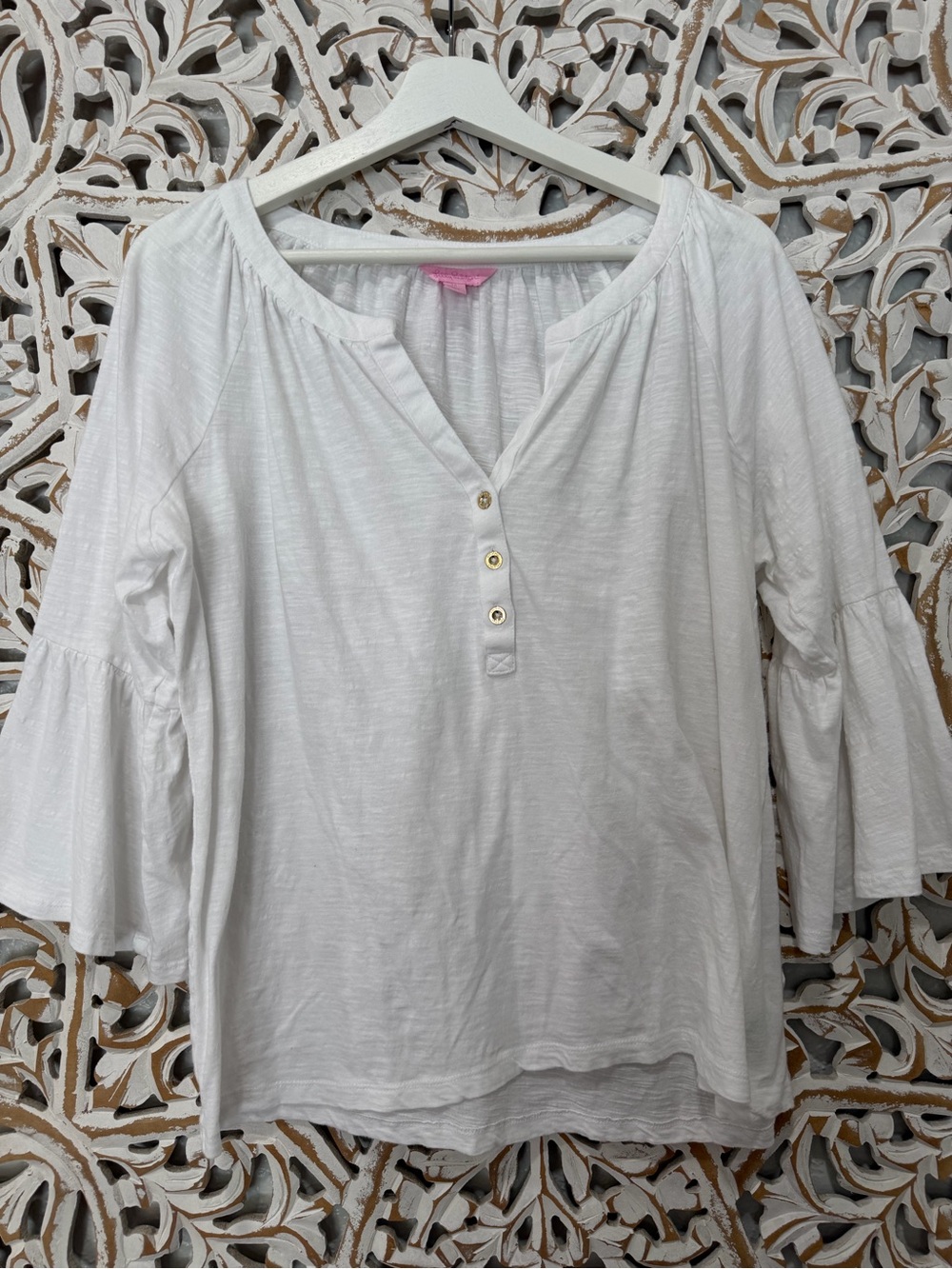 Lilly Pulitzer White Three-Quarter Bell Sleeve Henley Top